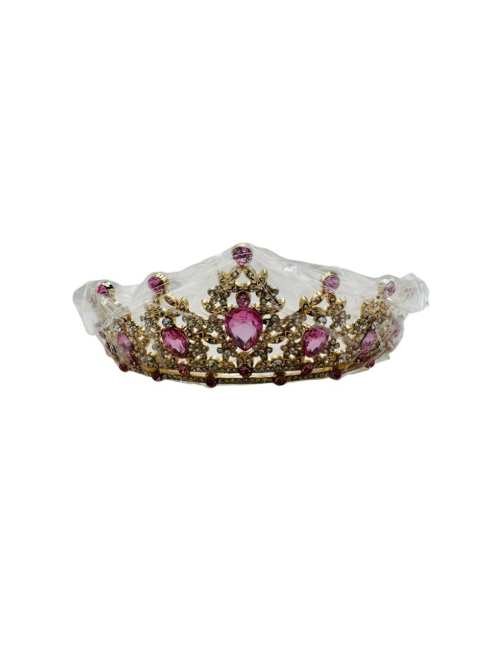 Gold-Tone Crystal Tiara With Pink Gemstones & Intricate Floral Design